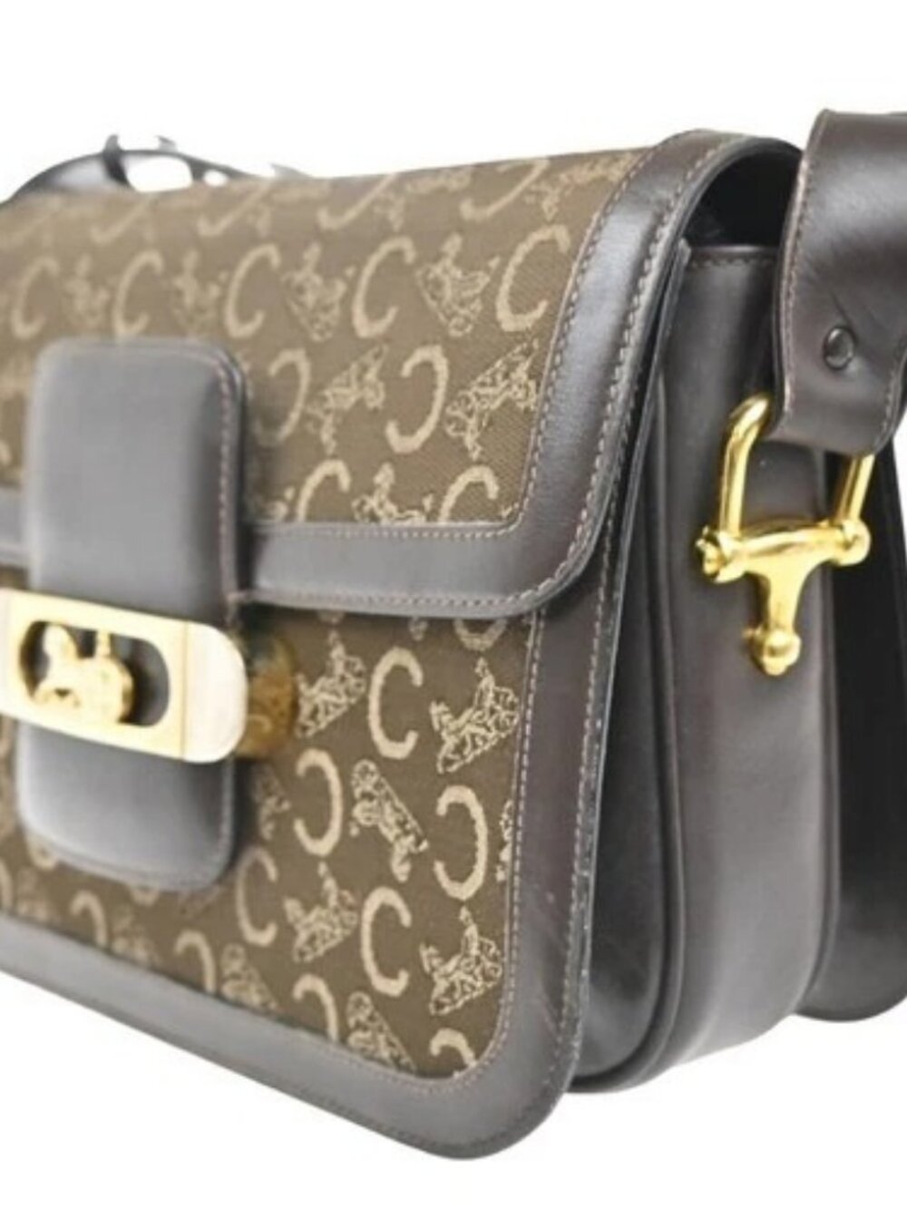 CELINE Logo C Macadam Horse Carriage Shoulder Bag Canvas Leather Brown 34KP553 - Picture 2 of 16